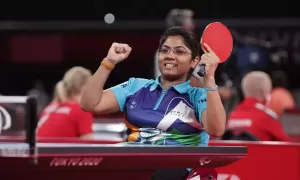 Bhavina celebrates after winning a point
