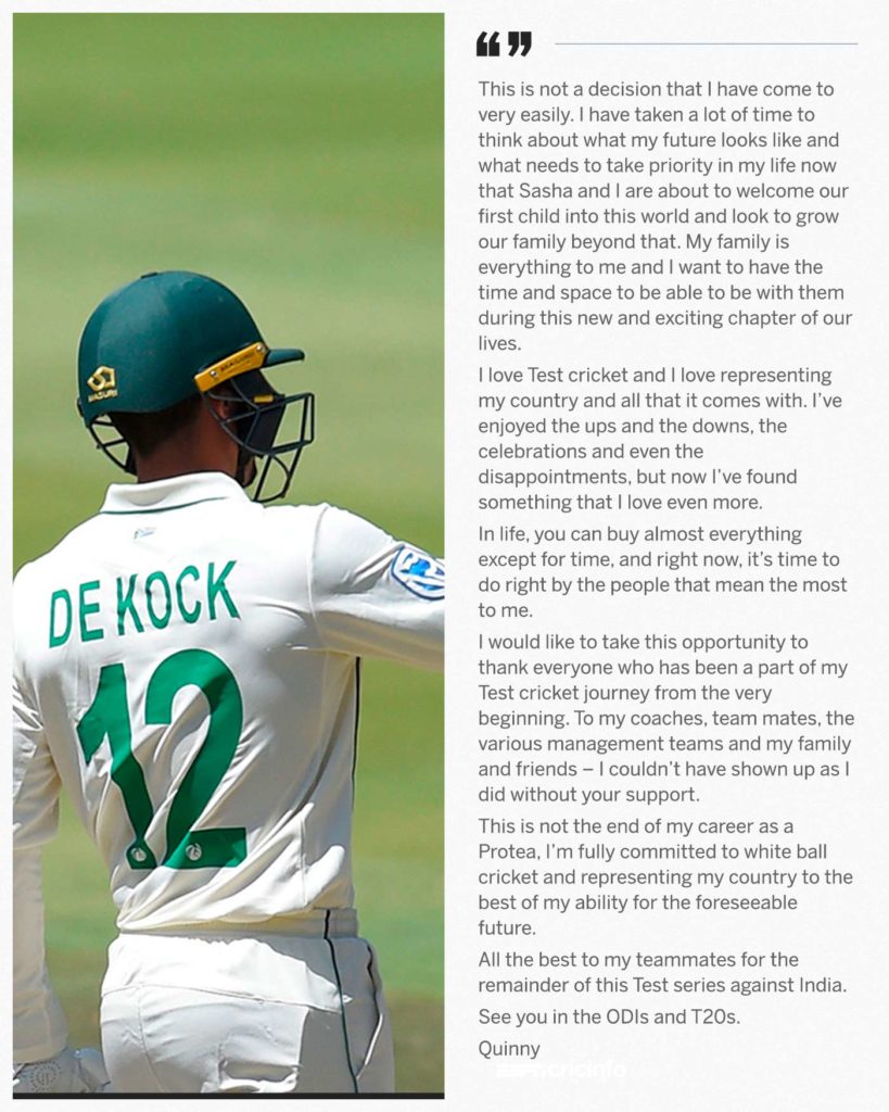 Quinton de Kock announced retirement from Test Cricket