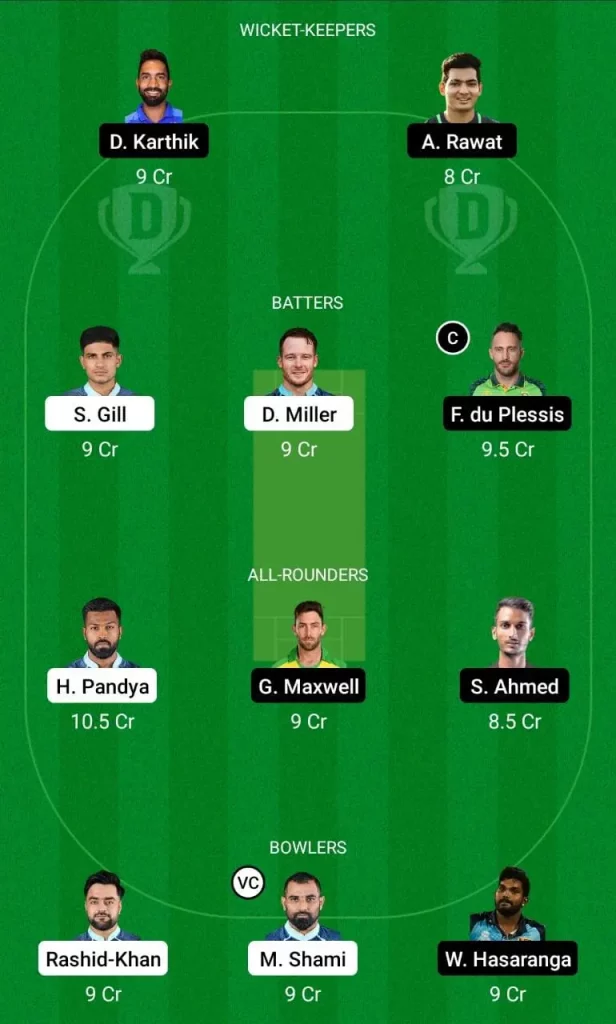 Dream 11 Fantasy Team 1 For GT vs BLR