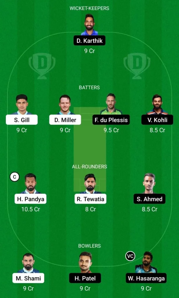 Dream 11 Fantasy Team 2 For GT vs BLR