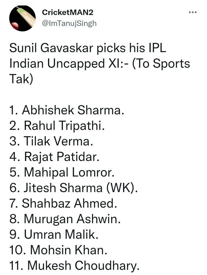 Here is the Indian uncapped IPL XI picked by Sunil Gavaskar: