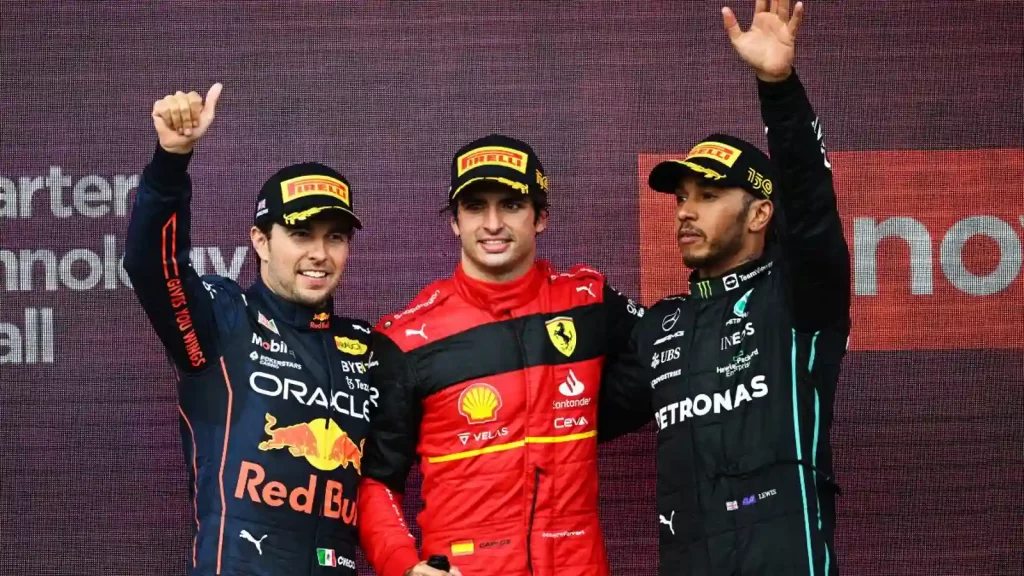 Lewis Hamilton, Carlos Sainz, Sergio Perez (Right to Left)