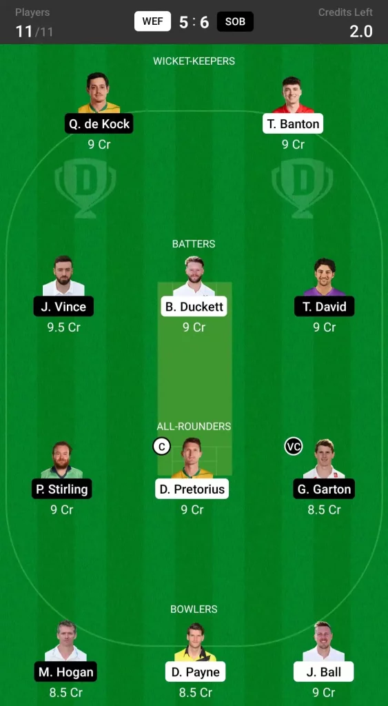 WEF vs SOB Dream11 Prediction