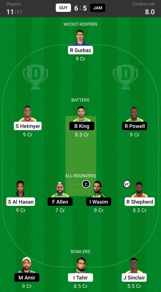 GUY vs JAM Dream11 prediction