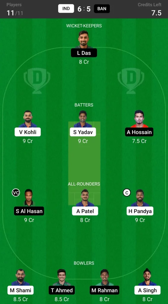 IND vs BAN Dream11 Prediction