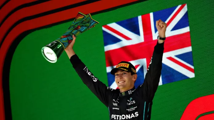 George Russell after clinching his maiden victory at the Sao Paulo Grand Prix, 2022.