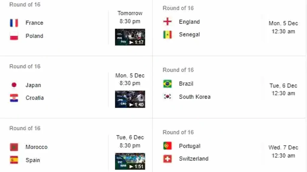 FIFA World Cup 2022 round of 16 schedule