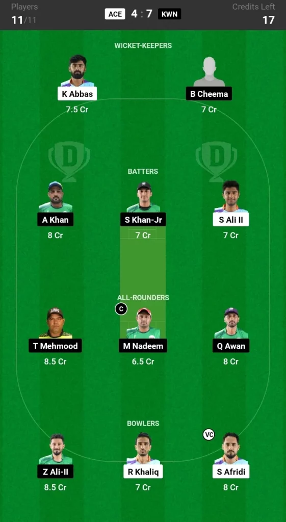 ACE vs KWN Dream11 Prediction Team 