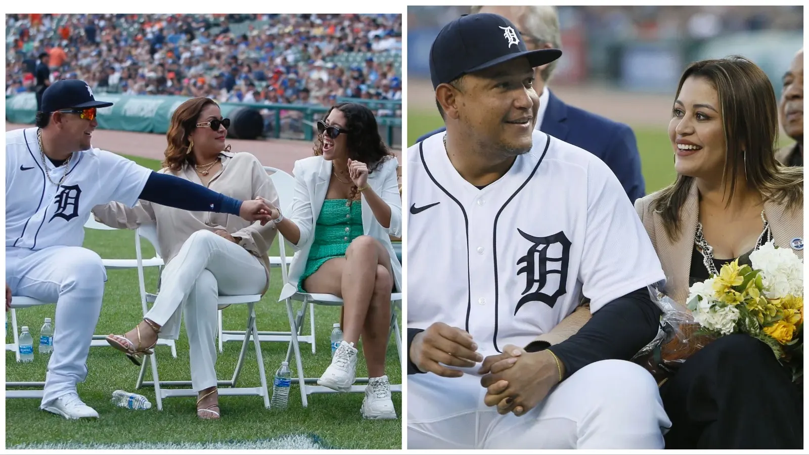 Detroit Tigers' Miguel Cabrera, far left, sits with his wife, Rosangel  Cabrera, second from left, and their three children, Rosangel Cabrera,  center, Isabella Cabrera, second from right, and Christopher Cabrera during  a