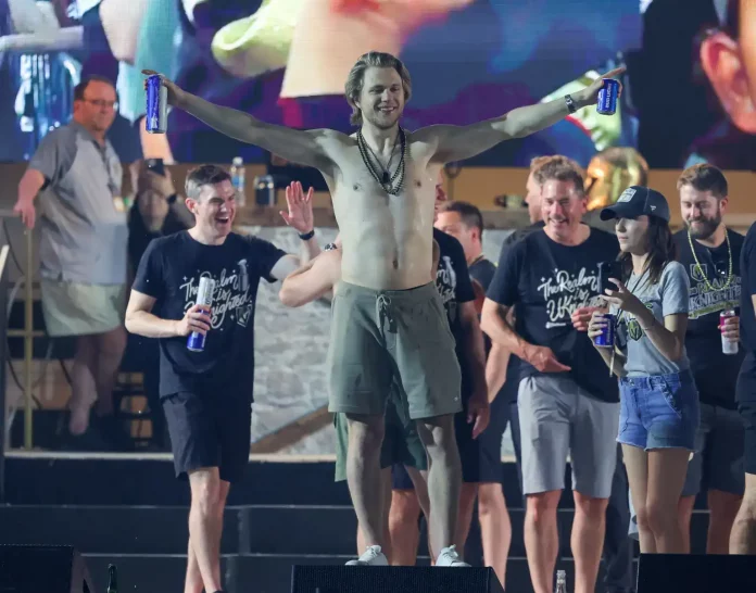 William Karlsson celebrates topless in front of Vegas fans and parade audience
