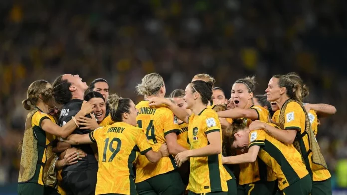 The Matildas celebrate after defeating France on penalties to advance to their first-ever FIFA Women's World Cup Semi-Finals. Credits: Bradley Kanaris
