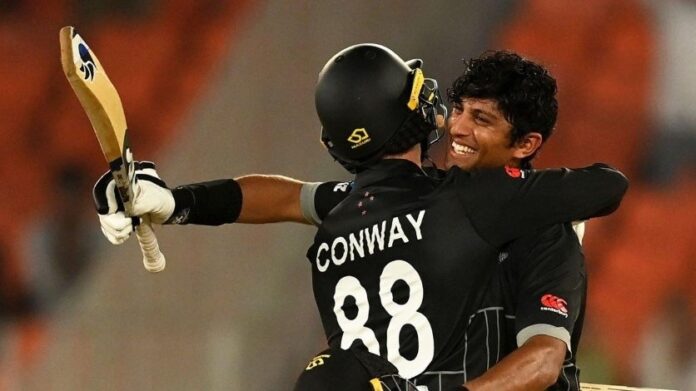 Rachin Ravindra and Devon Conway celebrate their vengeance victory against the English at the Narendra Modi Stadium in Ahmedabad | Picture Credits: Twitter