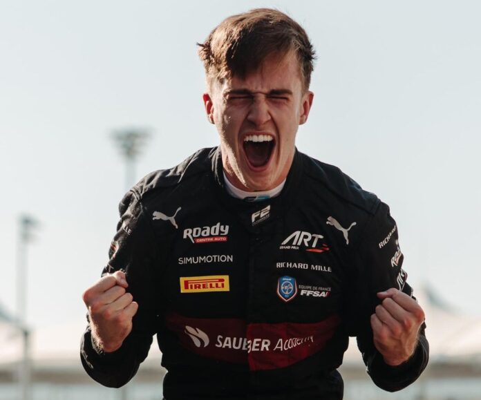 Theo Pourchaire exclaiming in joy after he won the Formula Two title.