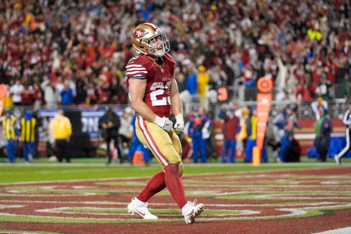 Super Bowl Christian McCaffrey finishes his second TD of the day and wins the game for the 49ers | Credits: X
