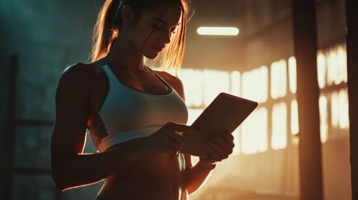 A Fit Woman in A Sports Bra and Leggings Reviewing Content on A Tablet in A Dimly Lit Gym