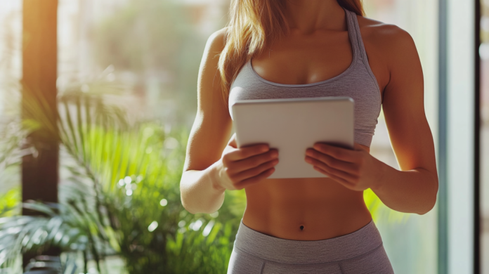 A Fitness Enthusiast Reviews Potential Career Paths on A Tablet While Standing in A Well-Lit Room with A View of Greenery Outside