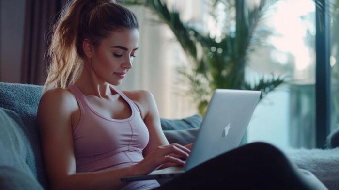 A Woman in A Light Pink Workout Tank Top Using a Laptop While Sitting on A Couch in A Cozy Home Environment