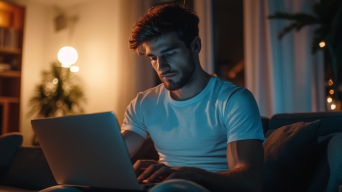 Man Working on A Laptop at Night in A Cozy, Dimly Lit Living Room