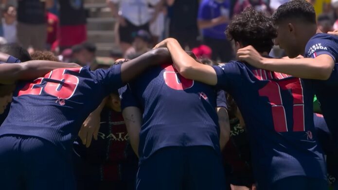 PSG players huddle together for motivation before a FIFA Club World Cup game