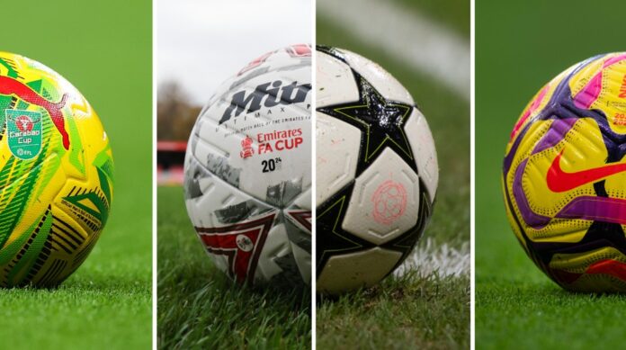 Four soccer balls on a photo