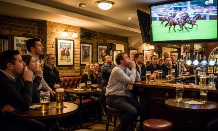 People in a pub watching horse racing on a TV